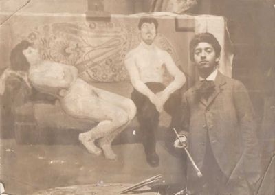 Berény Róbert Párizsi bordélyban című festménye elött, 1906 körül