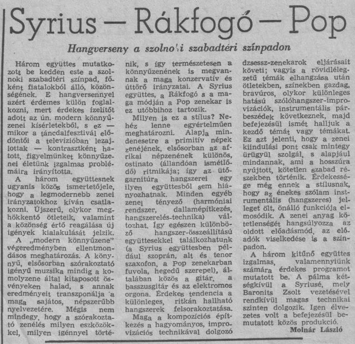 Molnr Lszl: Syrius  Rkfog  Pop. Szolnok Megyei Nplap, 1972. ? (nyr)